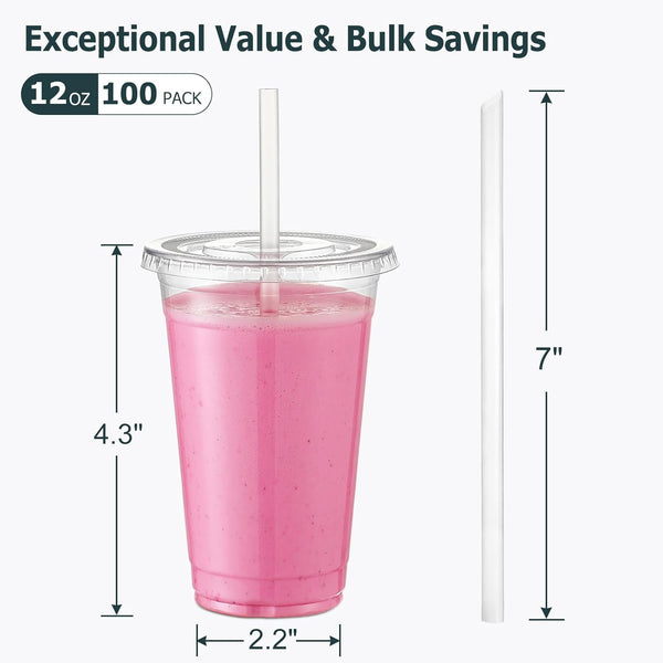 AOZITA [100 Sets 12 oz Clear Plastic Cups With Lids and Straws, Disposable Cups With Lids for Iced Coffee, Smoothie, Milkshake and Cold Drinks. 12 Oz.