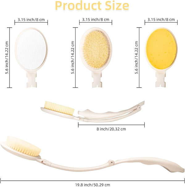 LFJ 19" Long Handle Shower Sponge Brush Set, 3 in 1 Body Brush, Bath Sponge and Lotion Applicator Improved Skin Health, Suitable for Men and Women