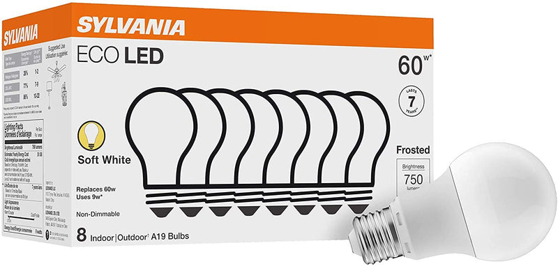 SYLVANIA ECO LED Light Bulb, A19 60W Equivalent, Efficient 9W, 7 Year, 750 Lumens, 2700K, Non-Dimmable, Frosted, Soft White - 8 Count (Pack of 1)