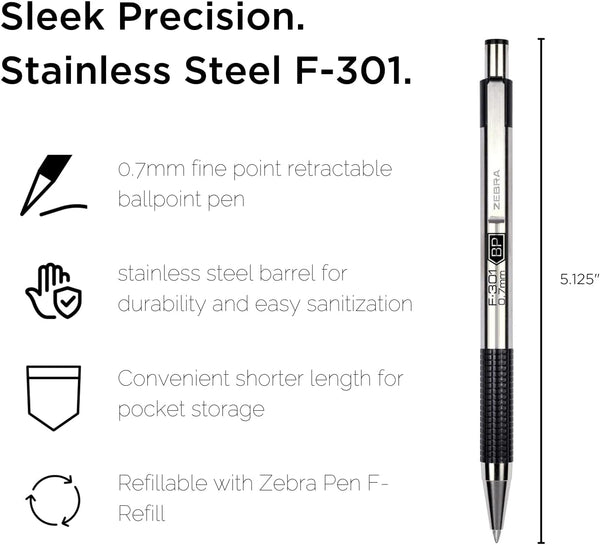 Zebra Pen F-301 Retractable Ballpoint Pen, Stainless Steel Barrel, Fine Point, 0.7Mm, Blue Ink, 2-Pack (27122)