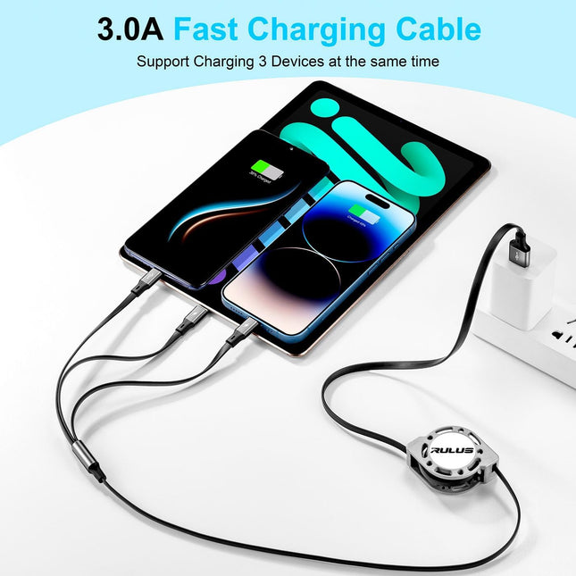 RULUS Retractable Charger 3 in 1 [2Pack,4Ft], Retractable Charging Cable Universal Charger Cable with Lightning/Type C/M
