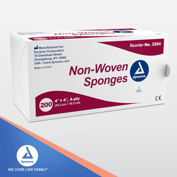 Dynarex Non-Woven Sponges, Non-Sterile, Gauze, for Cleansing, Prepping and Dressing, Highly-Absorbent, Less Linting, 4"X 4", 4 Ply, 1 Box of 200