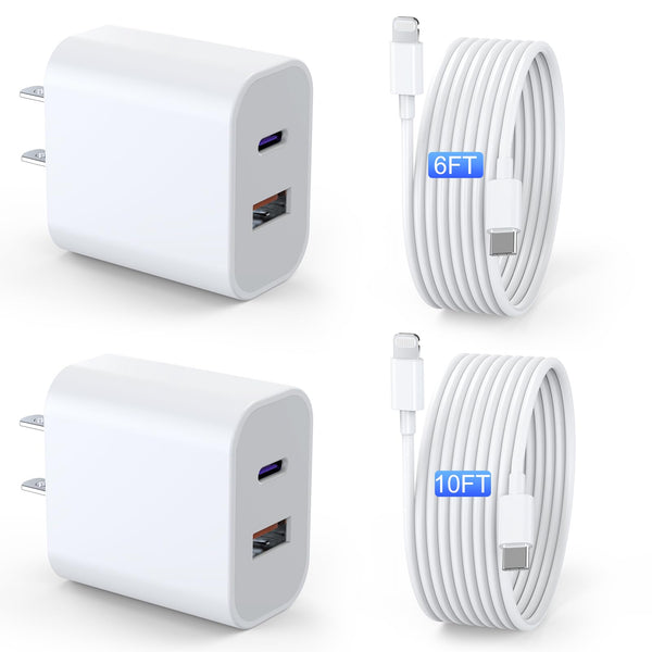 Ipad Charger 2 Pack 20W Dual Port QC + PD 3.0 Power Adapter Fast Wall Charger Block with 6FT&10FT Lightning Cord Cable for Ipad 9/8/ 7 Generation,
