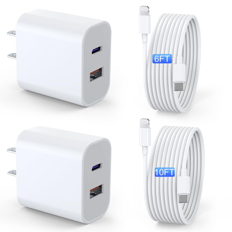 Ipad Charger 2 Pack 20W Dual Port QC + PD 3.0 Power Adapter Fast Wall Charger Block with 6FT&10FT Lightning Cord Cable for Ipad 9/8/ 7 Generation,