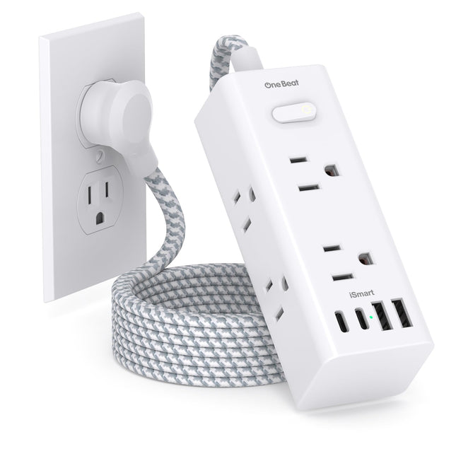 Power Strip Surge Protector - One Beat 6 Widely Outlets with 3 USB Ports (1 USB C), 5 Ft Extension Cord Flat Plug, Wall 