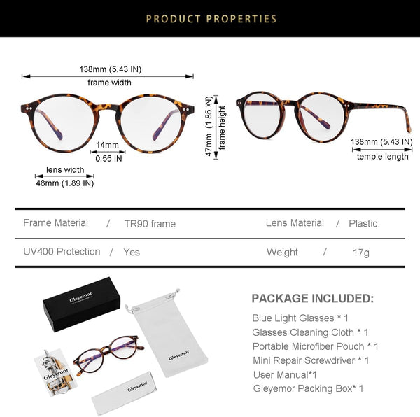 Gleyemor Blue Light Glasses for Men Women, Vintage round Frame Computer Eyeglasses
