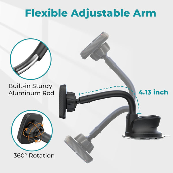Apps2Car Magnetic Phone Holder for Car, Dashboard Windshield Phone Holder Mount with Flexible Arm & Built-In Strong Magnets, Suction Cup Phone