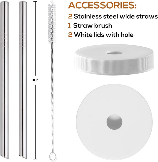 [ 8 Pack ] Glass Juicing Bottles with 2 Straws & 2 Lids W Hole- 16 OZ Travel Drinking Jars, Water Cups with Black Airtight Lids, Reusable Tall