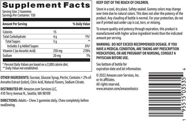 Amazon Basics - Vitamin C, 250 Mg Gummies, Orange, 300 Count (2 Packs of 150), 2 per Serving (Previously Solimo)