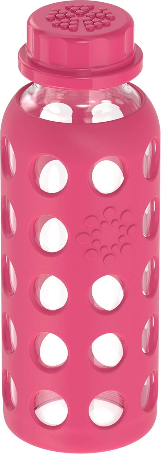 Lifefactory 9-Ounce Bpa-Free Glass Water Bottle with Flat Cap and Silicone Sleeve, Raspberry