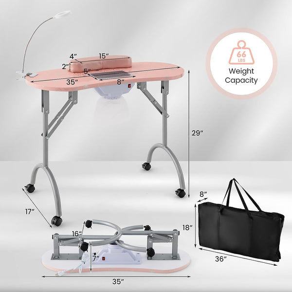 GOFLAME Manicure Nail Table, Foldable Nail Technician Desk W/Electric Downdraft Vent, Bendable LED Lamp, Removable Armrest Pad, Dust Bag, Manicure
