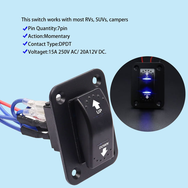 Weideer 20A 12V Polarity Reversing Momentary Rocker Switch DC Motor Control 7Pin up down Blue LED Winch In/Out Switch with Aluminum Plate Screw