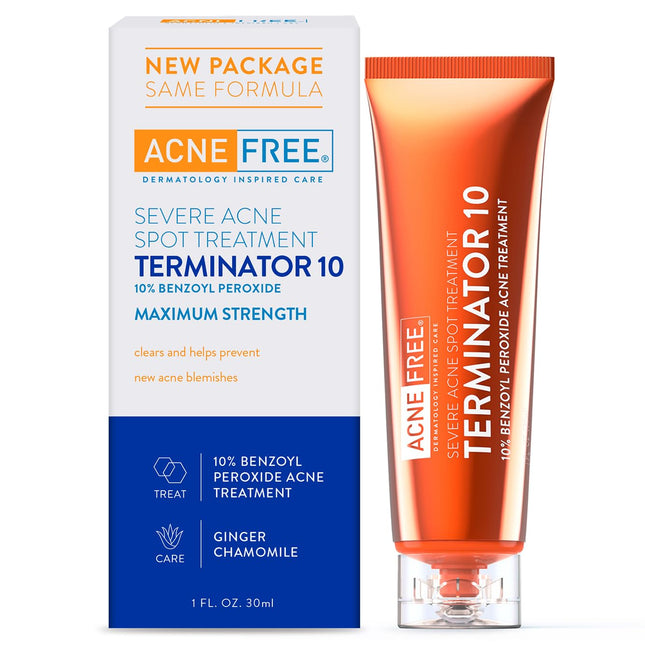Acnefree Terminator 10 Acne Spot Treatment with Benzoyl Peroxide 10% Maximum Strength Acne Cream Treatment, 1 Ounce - Pa