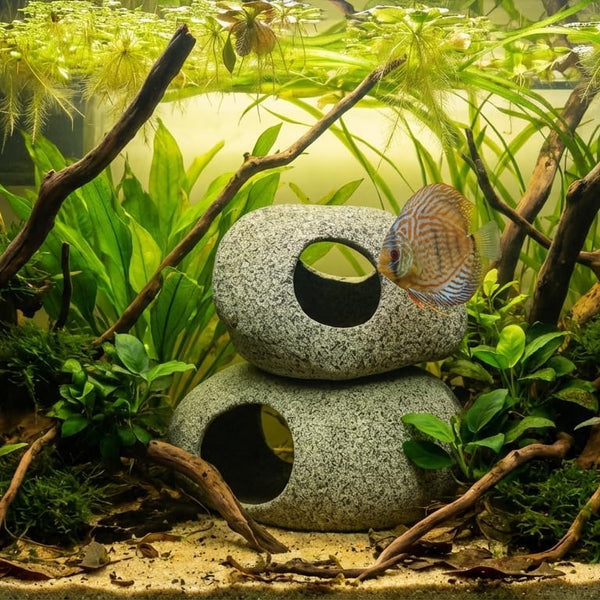 Aquarium Cave Decor - 2 PCS Natural Fish Tank Rocks for Betta Hideout and Shrimp Breeding, Hand-Polished Smooth Edges, PH Neutral, Ideal for 5-20