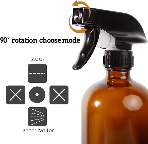 Amber Glass Spray Bottles,16Oz Large Refillable Spray Bottle for Cleaning, Essential Oils, Plant and Hair Care,Nozzle with Fine Mist and Stream