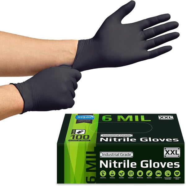 Inspire Black Nitrile Gloves HEAVY DUTY 6 Mil Nitrile Chemical Resistant Medical Cooking Cleaning Disposable Black Gloves Medium Black 6mil Box of 100