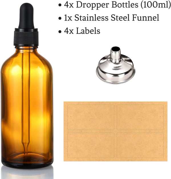 4 Pack, 100Ml Dropper Bottles with 2Pcs Glass Pipettes(1Ml) - Essential Oils Bottles for Health, Personal Care & Beauty - 3.4Oz Thick Dark Amber