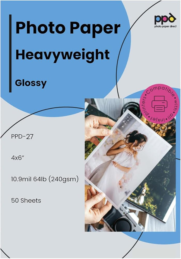 PPD 4X6 High Gloss Photo Paper for Inkjet 64Lbs 240Gsm 10.9Mil Heavyweight Instant Dry and Water-Resistant X 50 Sheets (PPD-27-50)