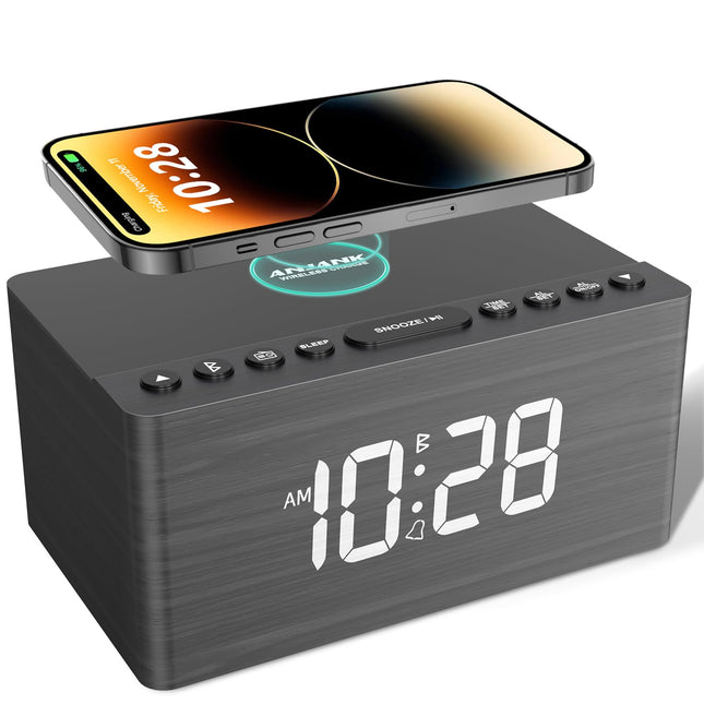 ANJANK Wooden Sound Machine Alarm Clock for Bedroom, Bluetooth Speaker, 20 Soothing Sounds, 0-100% Dimmer, Wireless Char