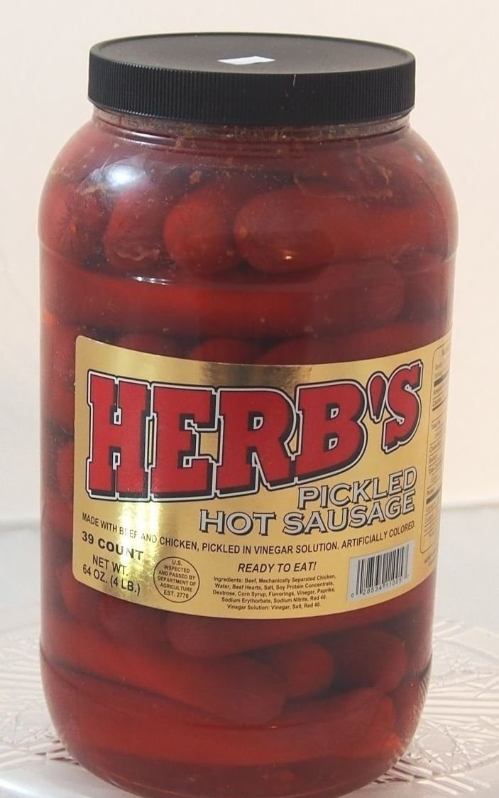 Herbs RED HOT Pickled Sausage (1 Gal. Jar) 39 Count Beef & Chicken No Pork ( from Jersey Candy Company)