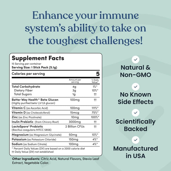 Immune Readyâ¢ Immune Boost Drink Mix - All-In-One Immune Support, Gut Health, and Electrolyte Powder Packets with Vitamin C, Beta Glucan, Zinc,