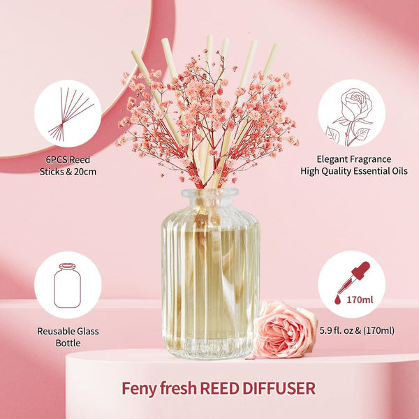 Reed Diffuser Set with Preserved Real Flower&Reed Diffuser Sticks,5.9Oz,Sandalwood Rose Scent Fragrance Essential Oil Scented Diffuser for Bedroom