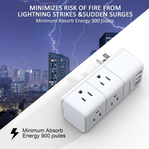 USB Outlet Extender Surge Protector - QINLIANF Rotating Plug, 3-Sided Swivel Power Strip, 6 AC Spaced Outlet Splitter and 3 USB Ports (1 USB C)
