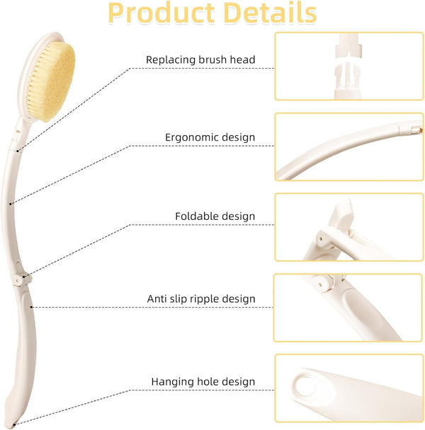 LFJ 19" Long Handle Shower Sponge Brush Set, 3 in 1 Body Brush, Bath Sponge and Lotion Applicator Improved Skin Health, Suitable for Men and Women