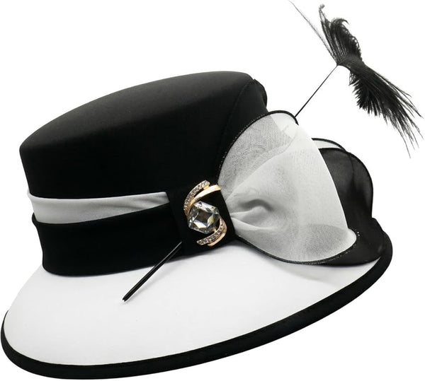 June'S Young Women Church Hats Formal Dress Derby Hats with Feather Elegant Bucket Hats (Black/White)