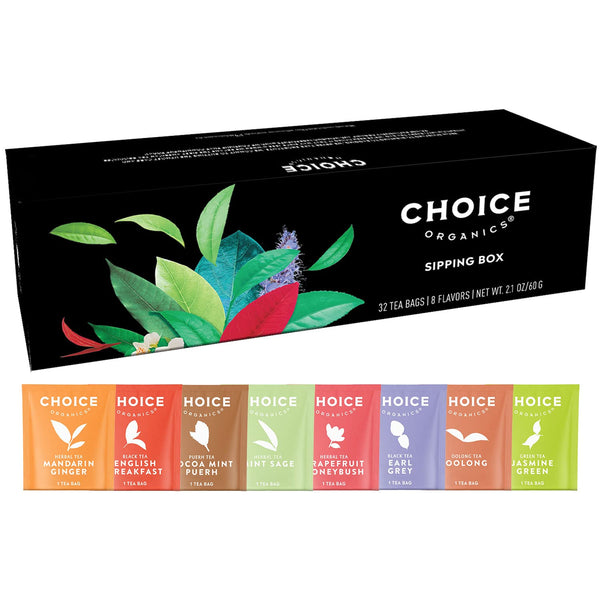 Choice Organic Teas Sipping Box Tea Sampler, Variety Gift Box, 32 Total Tea Bags, 8 Flavors, Caffeinated and Caffeine-Free Teas, Sustainably
