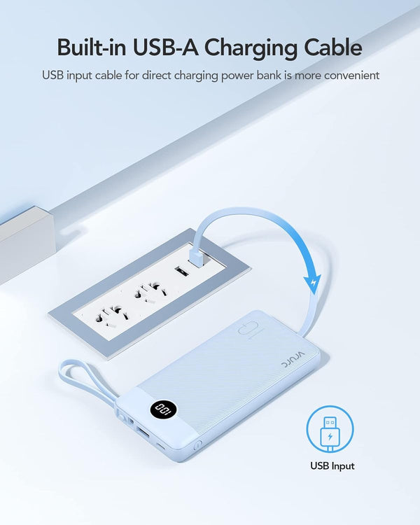 VRURC 10000Mah Power Bank Built-In Cables, Portable Charger with LED Display, Slim Travel Battery Pack with Cords, 5 Output Dual Input Phone