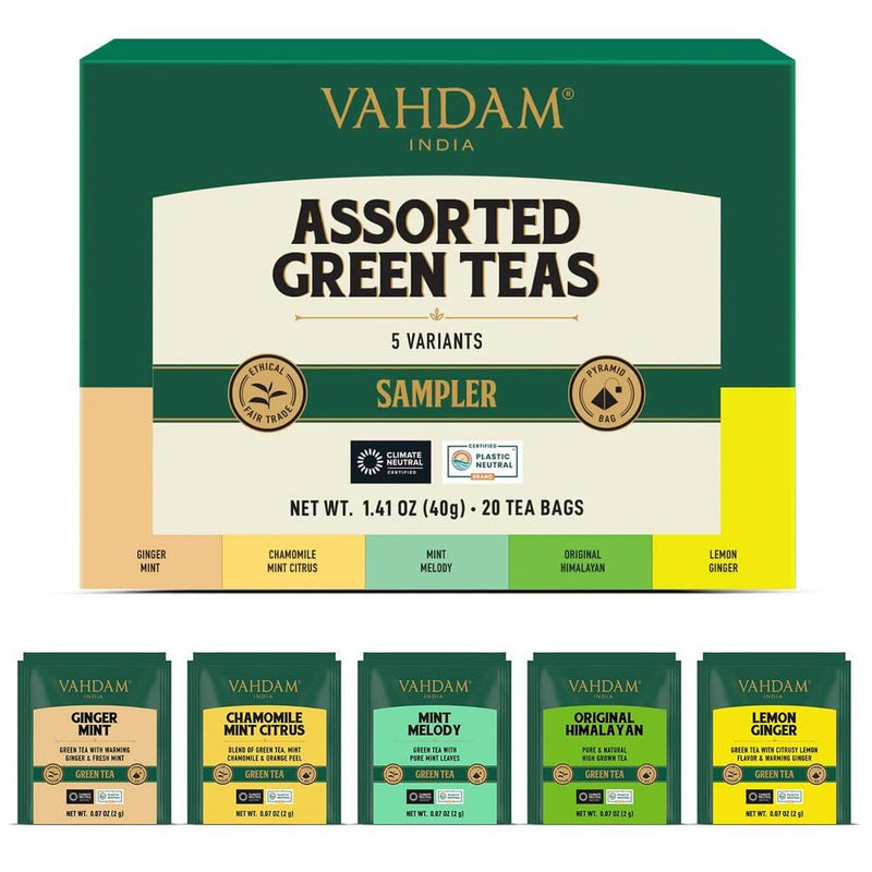 VAHDAM, Assorted Green Tea Bags Sampler (5 Flavors, 20 Ecofriendly Pyramid Tea Bags) I Gift Ideas for Women & Men | Himalayan Green Tea Varieties