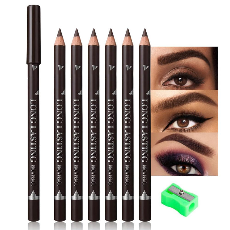 6Pcs Eyebrow Pencils for Women, Wooden Hard-Core Dark Brown Eyebrow and Eyeliner Pencil, Long Lasting Waterproof and Sweat-Proof, Beginner Makeup