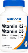 Nutricost Vitamin K2 (MK7) (100Mcg) + Vitamin D3 (5000 IU) 120 Softgels - Gluten Free and Non-Gmo