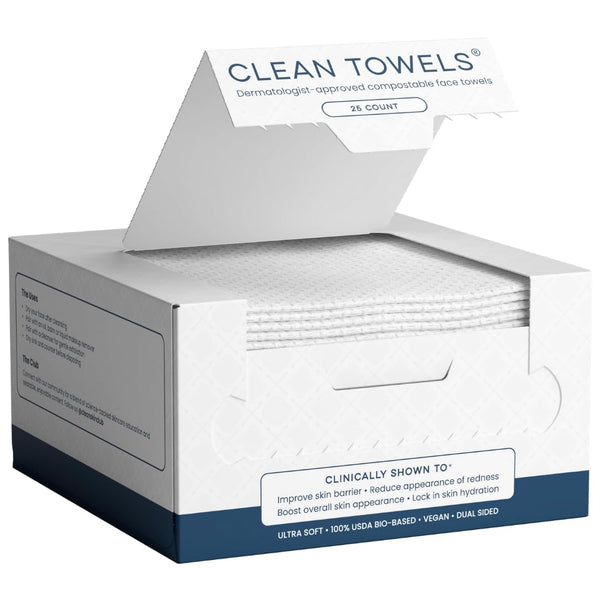 Clean Skin Club Clean Towels™, 100% USDA Biobased Dermatologist Approved Face Towel, Disposable Clinically Tested Face Towelette, Facial Washcloth, Ultra Soft Makeup Remover Dry Wipes, 1 Pack, 25 Ct