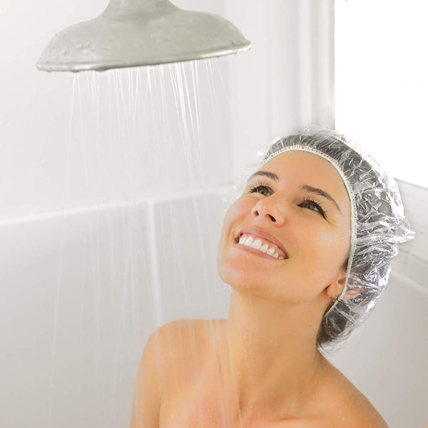 Auban 100PCS Disposable Shower Caps, Plastic Clear Hair Cap Large Thick Waterproof Bath Caps for Women, Hotel Travel Essentials Accessories Deep