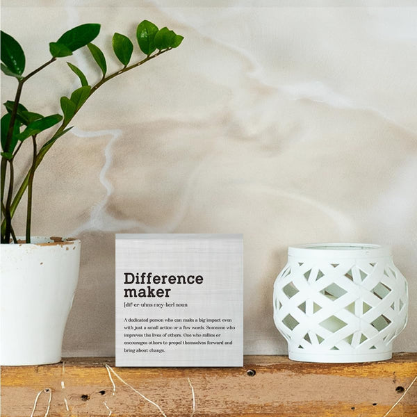 Difference Maker Definition Home Office Decor Wooden Box Sign, Motivational Farmhouse Decorative Positive Office Desk Accessories Wood Plaque