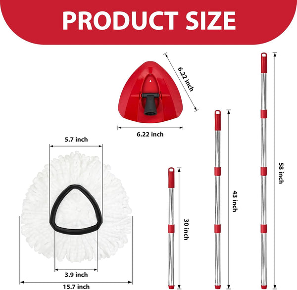 Spin Mop Replacement Set for O-Cedar Easywring 1-Tank System, Includes 2 Mop Head Replacement, 1 Mop Handle (30-58In Adjustable 4-Section Pole), 1