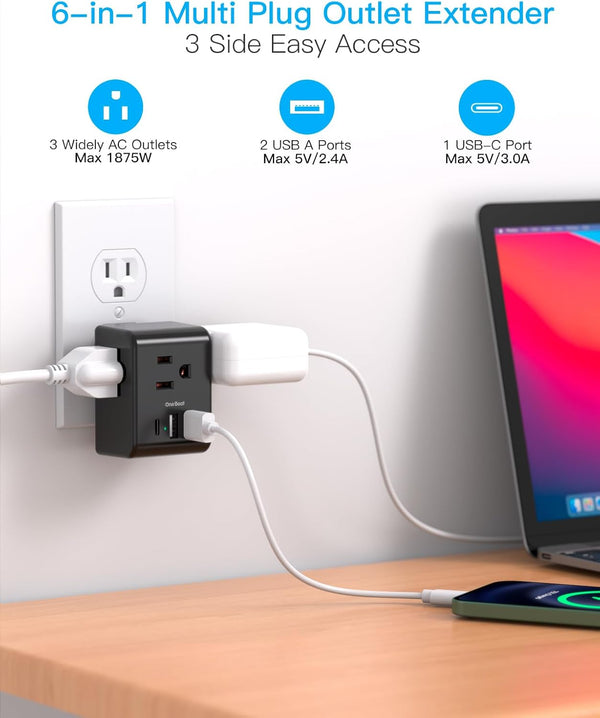 Multi Plug Outlet Extender, Power Strip Non Surge Protector Electric Outlet Splitter with 3 USB Wall Charger (1 USB C), Multiple Outlet Expander