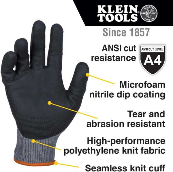 Klein Tools 60589 Work Gloves, Knit Dipped Cut Resistant ANSI A4 Nitrile Coated Gloves, HPPE Fabric, Touchscreen Capable Fingertips, Large, 2-Pair
