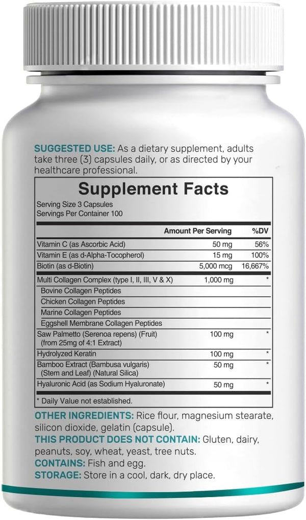 Multi Collagen Pills with Vitamin C, E & Biotin, 300 Capsules â Hydrolyzed Collagen Peptides â 11 in 1 Formula with Saw Palmetto, Bamboo Silica, &