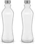 Joyjolt Glass Water Bottles - 2Pc Set, 32 Oz/1 Liter, Clear Glass with Stainless Steel Lids, Leakproof, Ideal for Juicing or Iced Tea