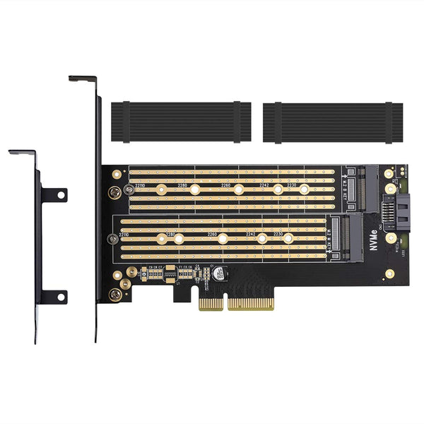 Dual M.2 PCIE Adapter for SATA or PCIE Nvme SSD with Advanced Heat Sink Solution,M.2 SSD NVME (M Key) and SATA (B Key) 22110 2280 2260 2242 2230