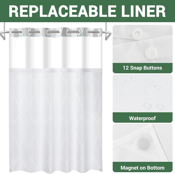 No Hook Grey Shower Curtain with Snap in Fabric Liner Set - Hotel Style with See through Mesh Top Window, Modern Geometric Waterdrop