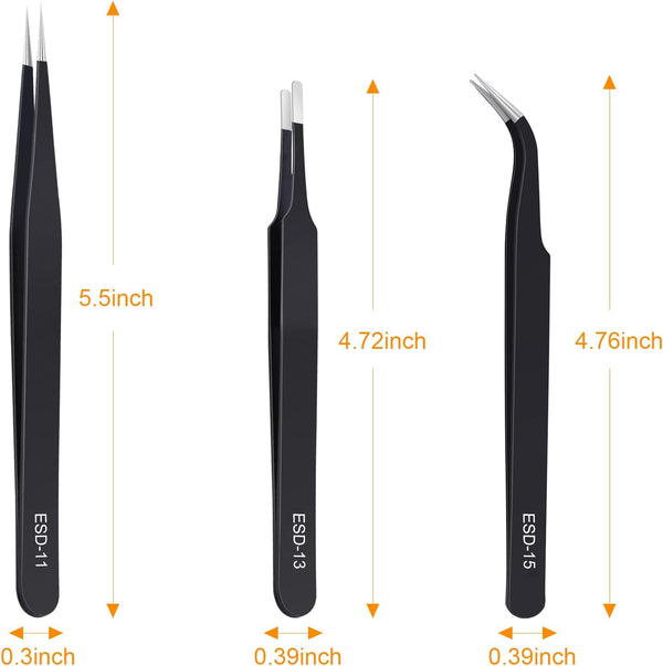 3PCS Precision Tweezers Set, Upgraded Anti-Static Stainless Steel of Tweezers, for Electronics, Soldering, Laboratory Work, Jewelry-Making, Model,