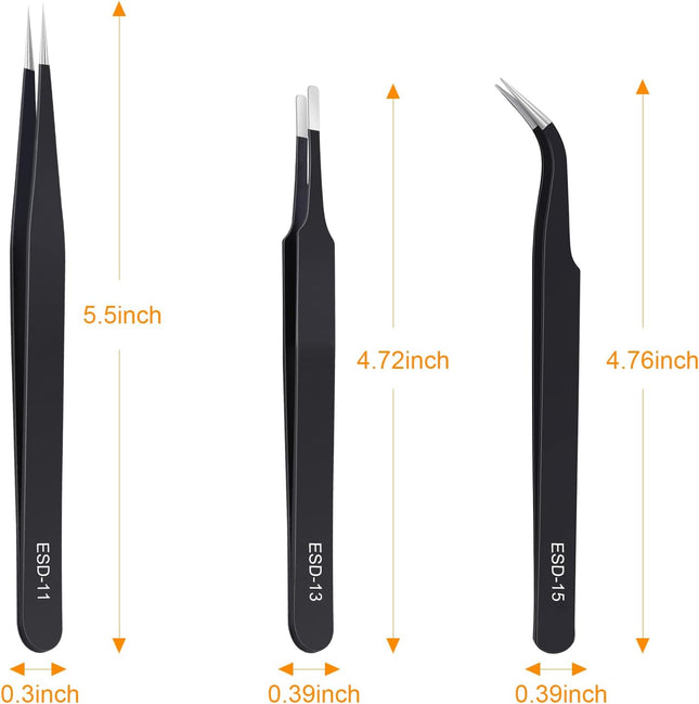 3PCS Precision Tweezers Set, Upgraded Anti-Static Stainless Steel of Tweezers, for Electronics, Soldering, Laboratory Wo