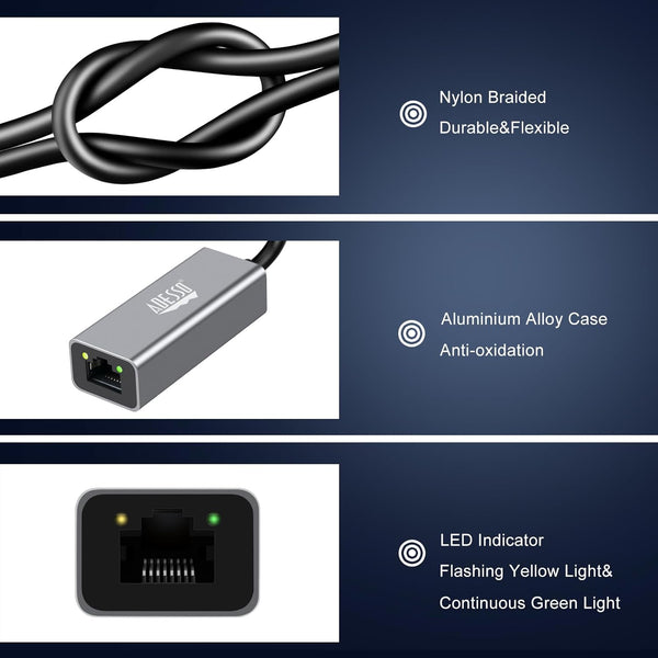 Adesso AUH-5000 USB-C to Ethernet Network Adapter - Gigabit Speed, Aluminum Alloy Case, LED Indicator, Plug & Play, Compatible with Windows, Mac