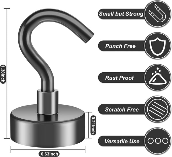 VNDUEEY 10 Pack Black Magnetic Hooks, 22Lbs Strong Magnet Hooks for Hanging, Magnetic Hook Heavy Duty, Fridge Magnets Neodymium with Hooks for