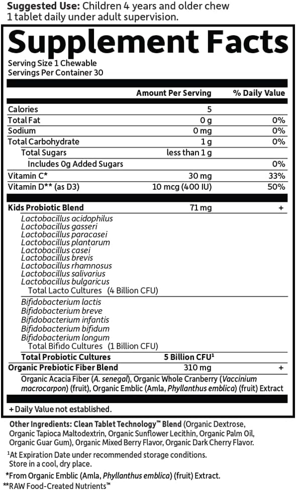 Garden of Life Dr. Formulated Probiotics Organic Kids+ plus Vitamin C & D - Berry Cherry - Gluten, Dairy & Soy Free Immune & Digestive Health