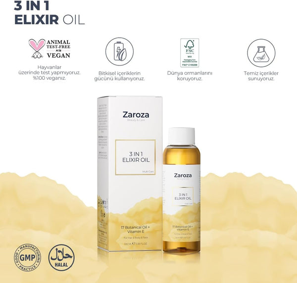 3-In-1 Elixir Oil â Organic Face, Body & Hair Oil with Vitamin E & 17 Botanical Oils â Moisturizing & Nourishing Treatment for Dry Skin, Scalp &